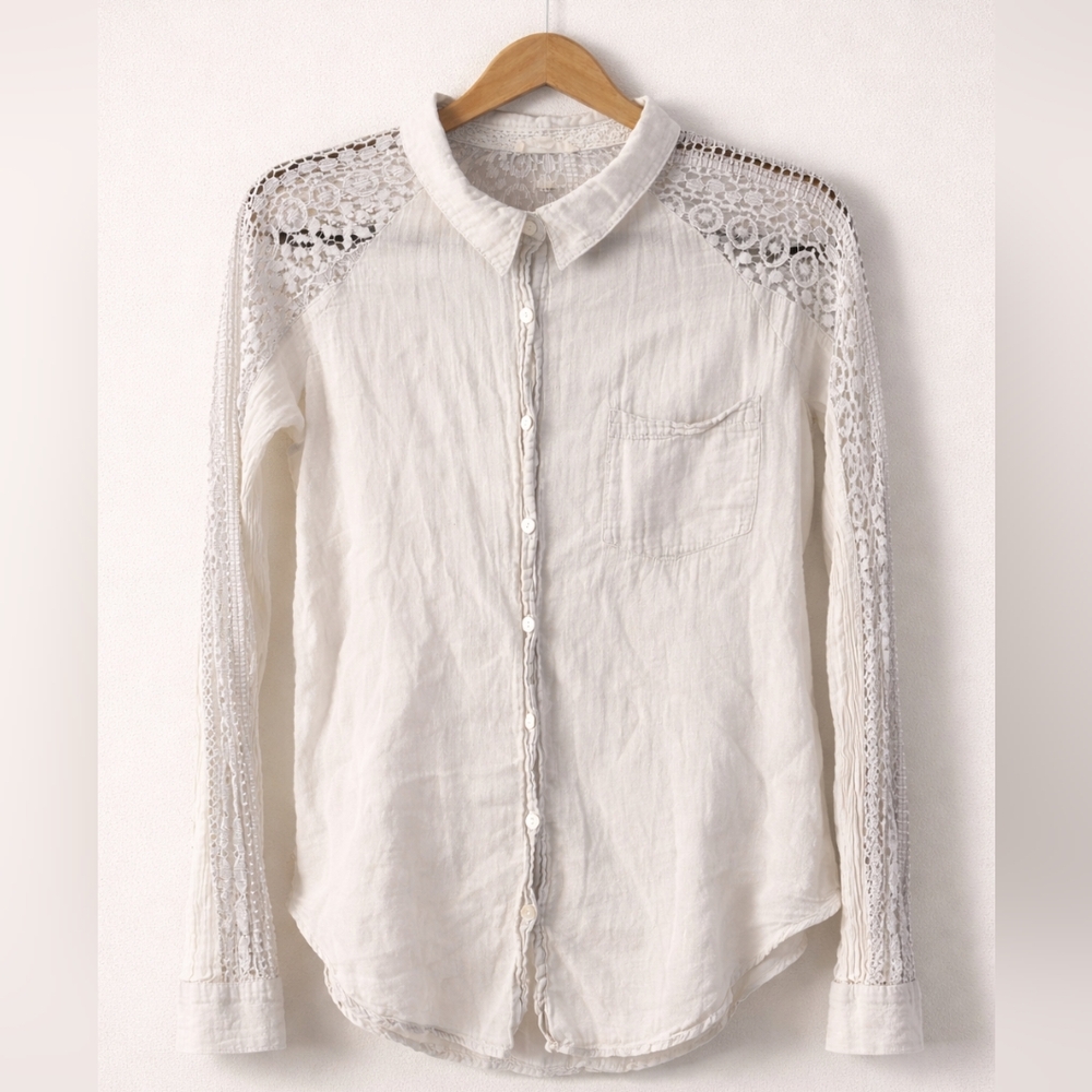Light Grey Cotton Lace Button Up Blouse Long Sleeve Boho Cottagecore Shirt Large